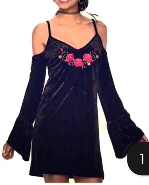 Disney Coco Black Velvet Dress Floral Embroidery Cold Shoulder Bell Sleeve XL